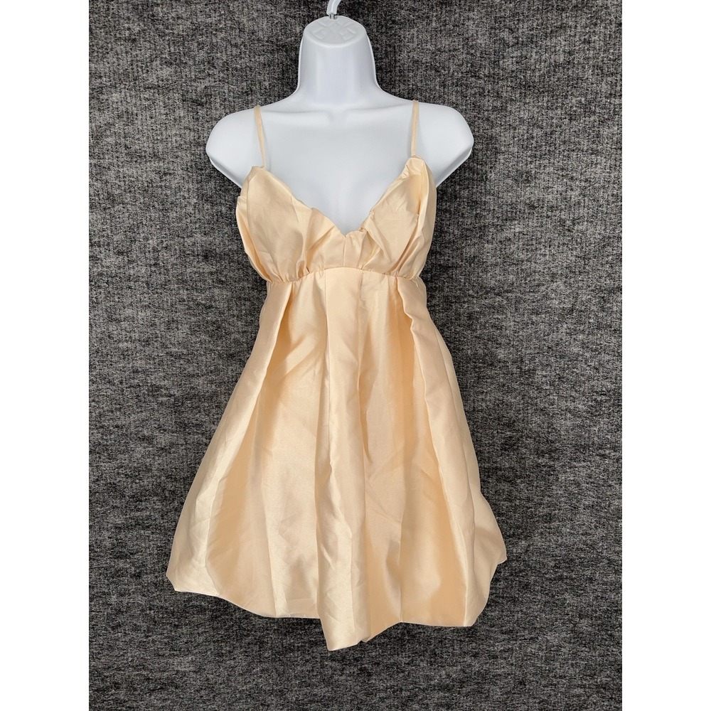 Klesis Dress Womens S Beige Satin V Neck Pleated Bubble Hem Event Party Mini